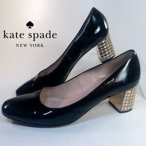 KATE SPADE Danika Too Pumps Black Patent Leather Crystal Block Heels ITALY Sz 6